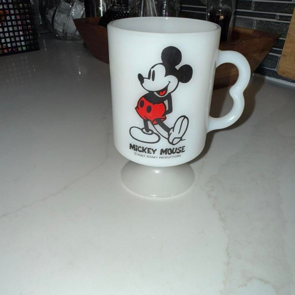 Vintage Disney Mickey Mouse Milk Glass Mug White Heart Handle Pedestal Cup